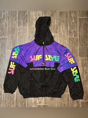 VTG Surf Style Interplanetary Body Gear Iridescent Windbreaker Jacket Hooded OS